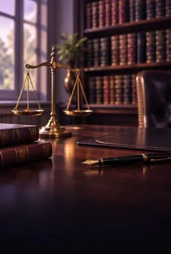 Escritório de advocacia com balança da justiça e livros