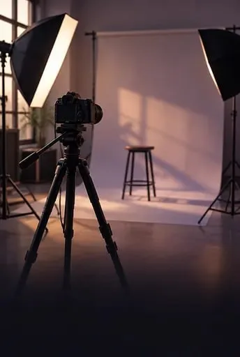 Estúdio fotográfico com câmera, tripé e refletores